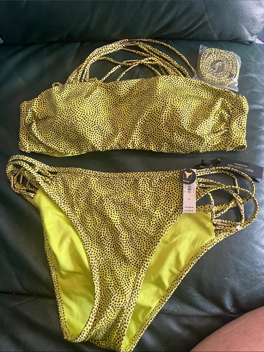 Victoria's Secret Neon Yellow and Black Dot Strappy Bikini